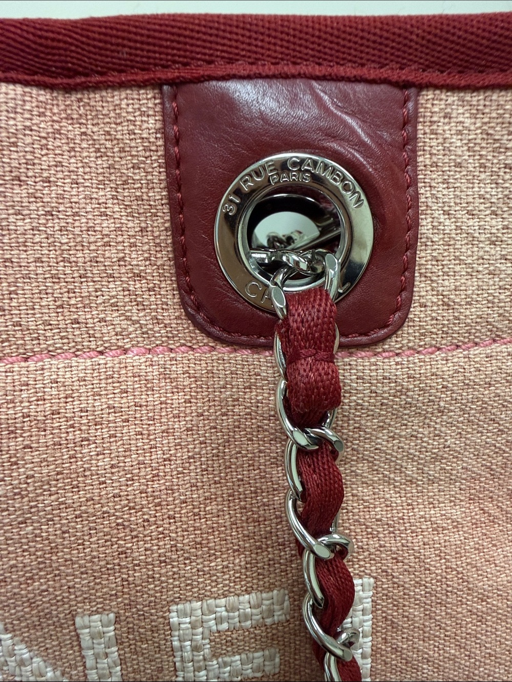 CHANEL Pink Canvas Tote with Burgundy Trim and Chain Handles - Picture 6 of 15